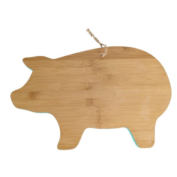 Bamboo Wood Pig Shaped Cutting Board 13.5" Long, Turquoise Sides, Chopping - Picture 2 of 4